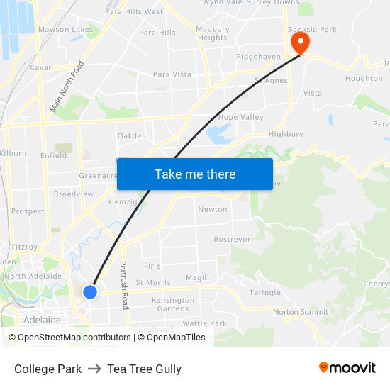 College Park to Tea Tree Gully map