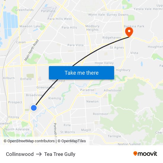 Collinswood to Tea Tree Gully map