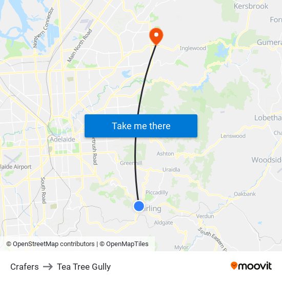 Crafers to Tea Tree Gully map