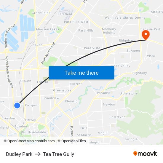 Dudley Park to Tea Tree Gully map
