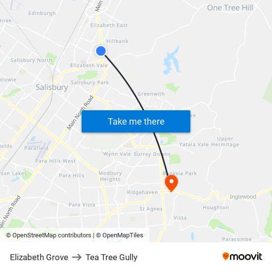 Elizabeth Grove to Tea Tree Gully map