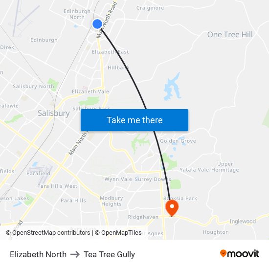 Elizabeth North to Tea Tree Gully map
