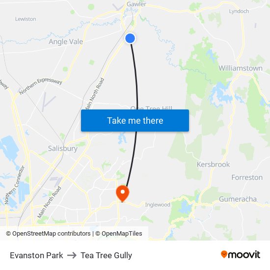 Evanston Park to Tea Tree Gully map