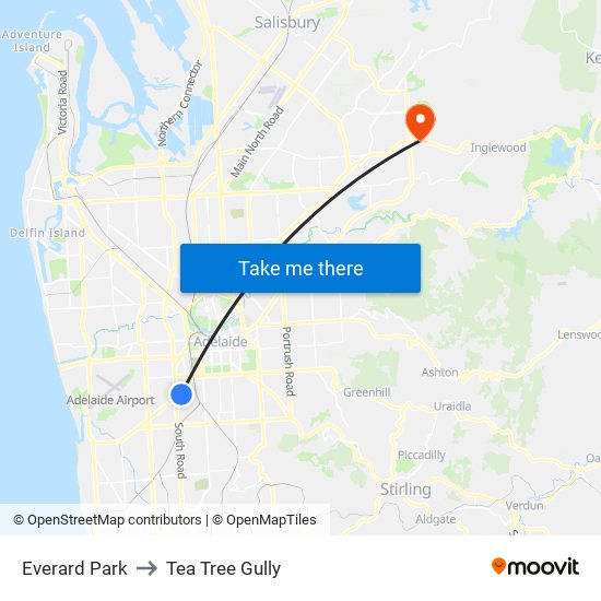 Everard Park to Tea Tree Gully map