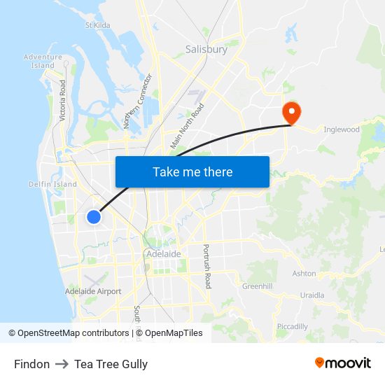 Findon to Tea Tree Gully map