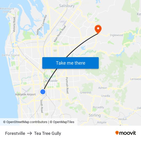 Forestville to Tea Tree Gully map