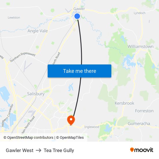 Gawler West to Tea Tree Gully map