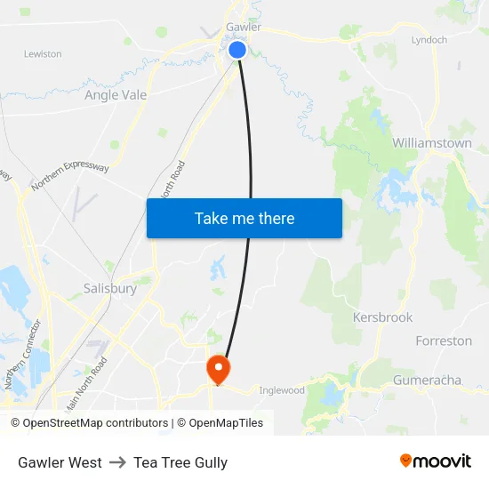 Gawler West to Tea Tree Gully map