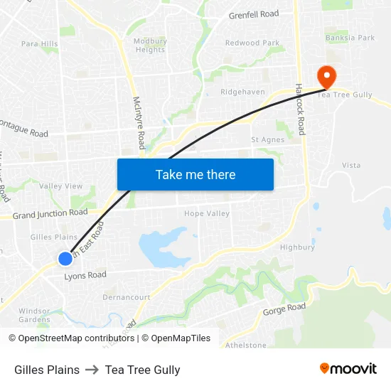Gilles Plains to Tea Tree Gully map
