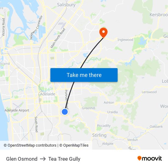 Glen Osmond to Tea Tree Gully map