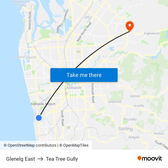 Glenelg East to Tea Tree Gully map