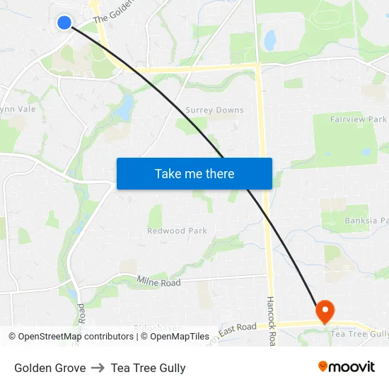 Golden Grove to Tea Tree Gully map