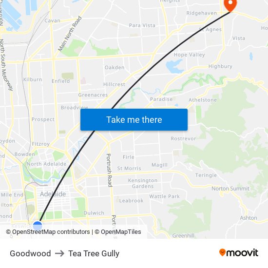Goodwood to Tea Tree Gully map