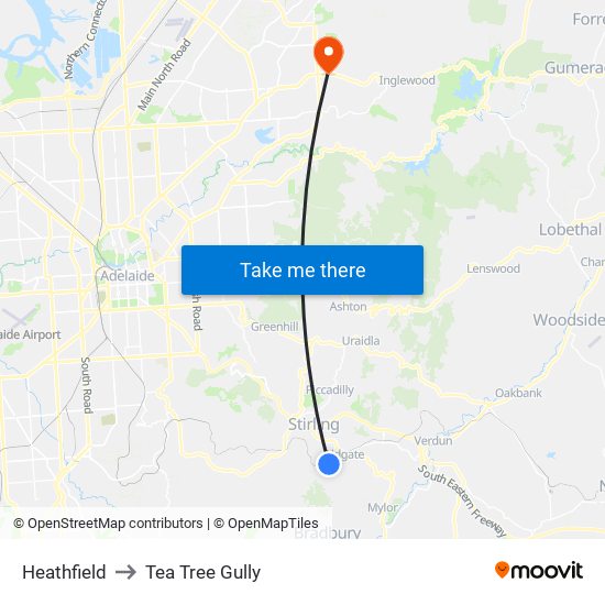 Heathfield to Tea Tree Gully map