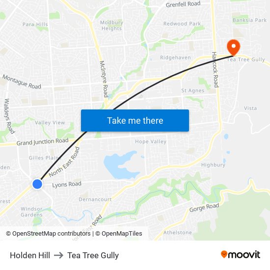 Holden Hill to Tea Tree Gully map