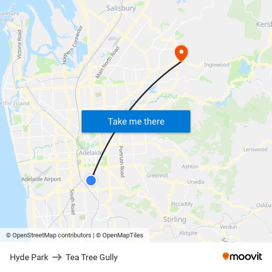 Hyde Park to Tea Tree Gully map