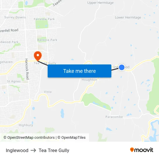 Inglewood to Tea Tree Gully map