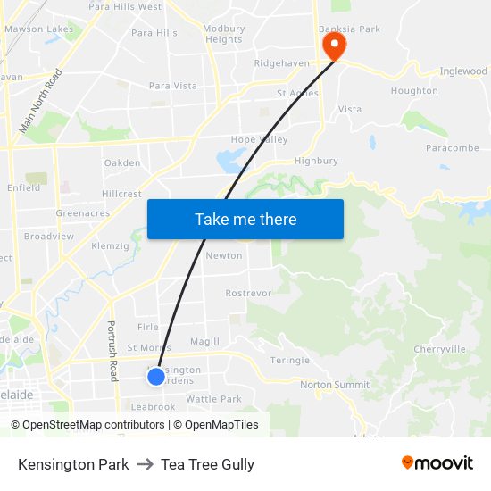 Kensington Park to Tea Tree Gully map