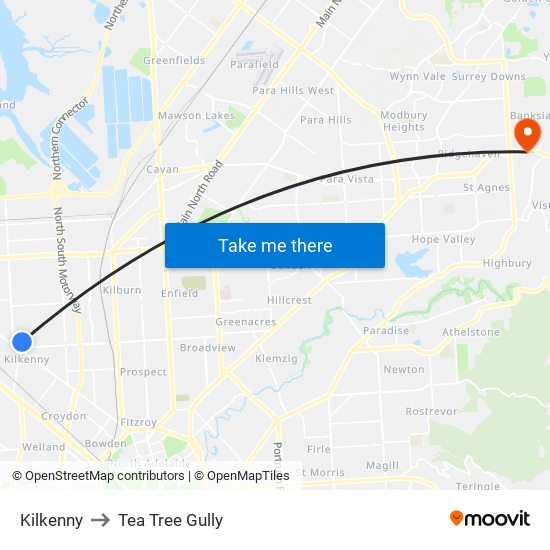 Kilkenny to Tea Tree Gully map