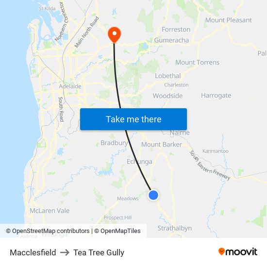 Macclesfield to Tea Tree Gully map