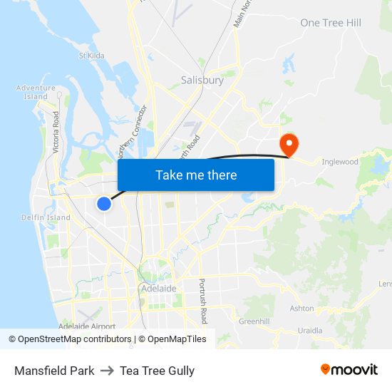 Mansfield Park to Tea Tree Gully map