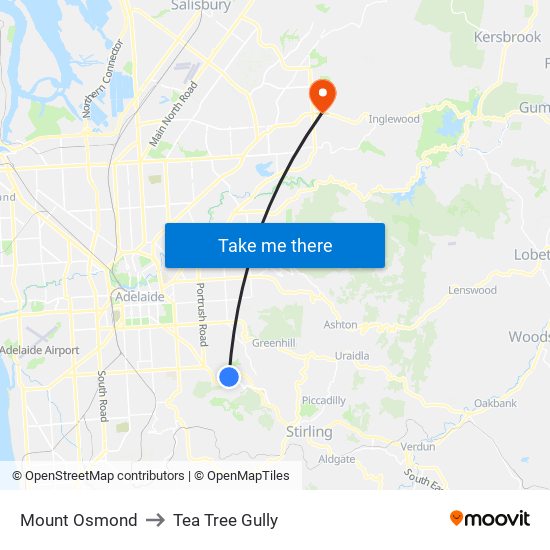 Mount Osmond to Tea Tree Gully map