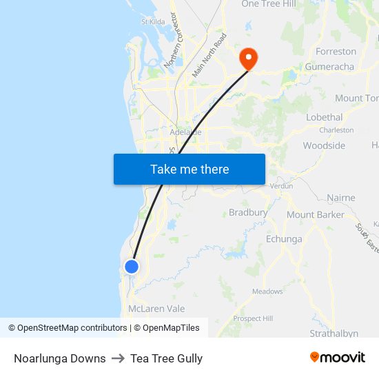 Noarlunga Downs to Tea Tree Gully map