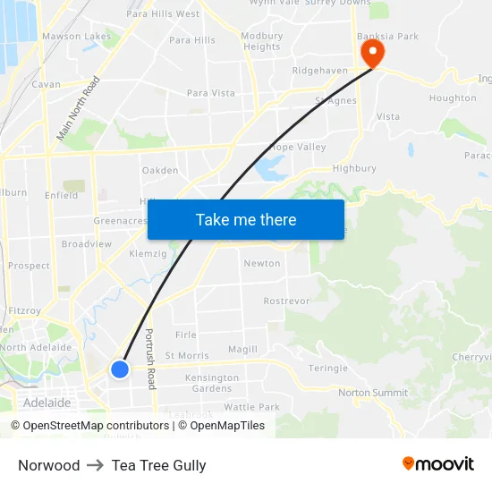 Norwood to Tea Tree Gully map