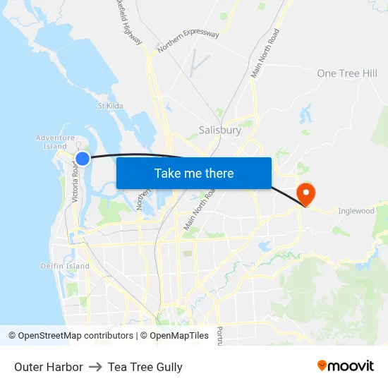 Outer Harbor to Tea Tree Gully map