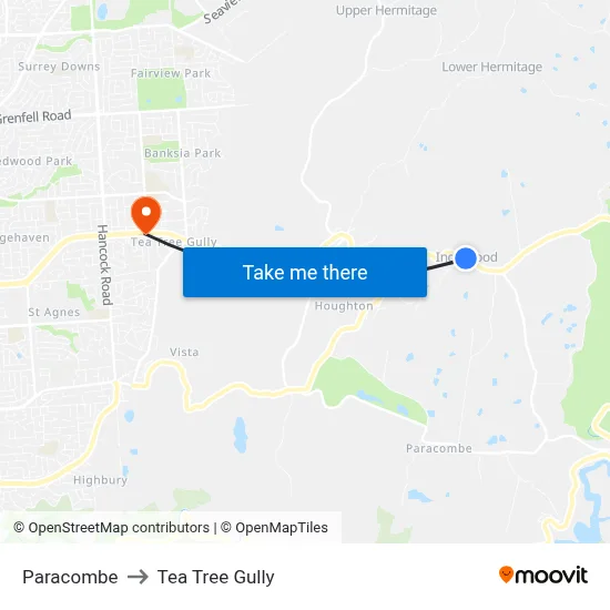 Paracombe to Tea Tree Gully map