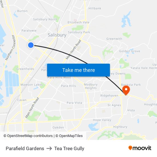 Parafield Gardens to Tea Tree Gully map