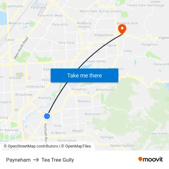 Payneham to Tea Tree Gully map