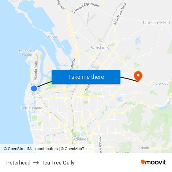 Peterhead to Tea Tree Gully map