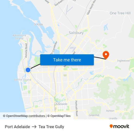 Port Adelaide to Tea Tree Gully map
