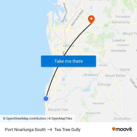 Port Noarlunga South to Tea Tree Gully map