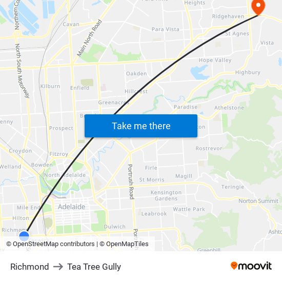 Richmond to Tea Tree Gully map