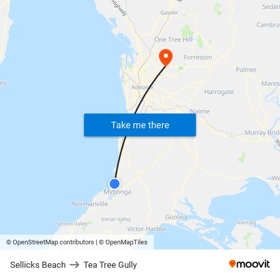 Sellicks Beach to Tea Tree Gully map