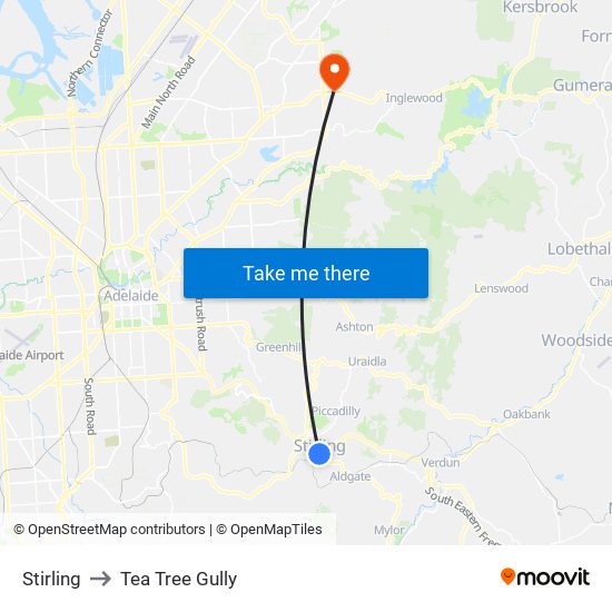 Stirling to Tea Tree Gully map