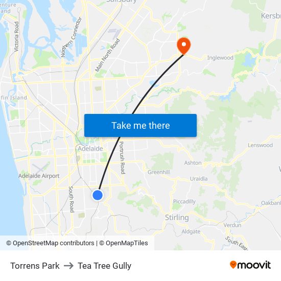 Torrens Park to Tea Tree Gully map