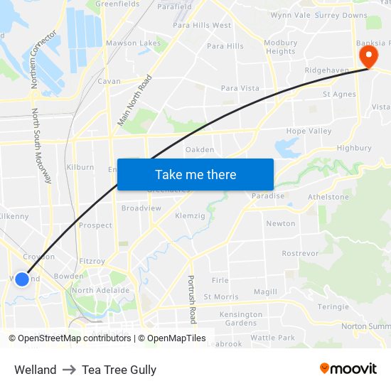 Welland to Tea Tree Gully map
