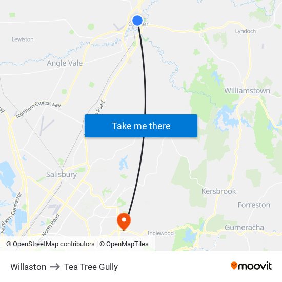 Willaston to Tea Tree Gully map