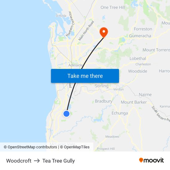 Woodcroft to Tea Tree Gully map