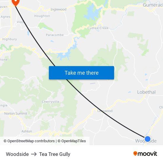 Woodside to Tea Tree Gully map