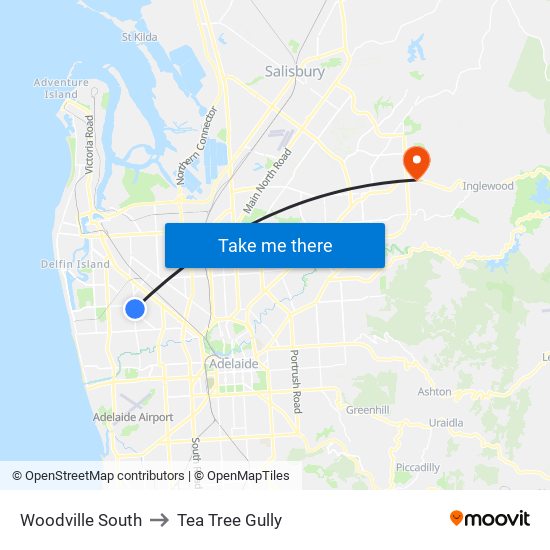 Woodville South to Tea Tree Gully map