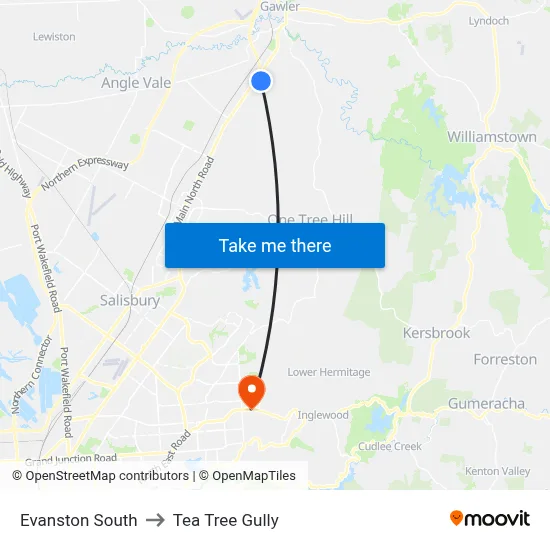 Evanston South to Tea Tree Gully map