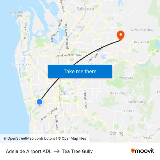 Adelaide Airport ADL to Tea Tree Gully map