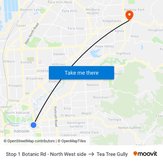 Stop 1 Botanic Rd - North West side to Tea Tree Gully map