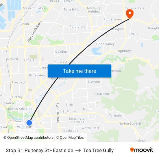 Stop B1 Pulteney St - East side to Tea Tree Gully map