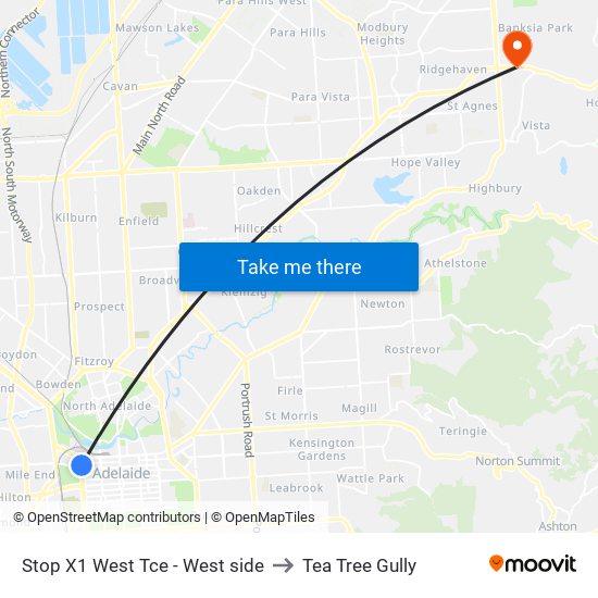 Stop X1 West Tce - West side to Tea Tree Gully map