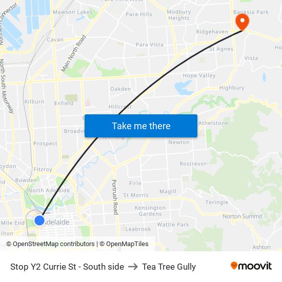 Stop Y2 Currie St - South side to Tea Tree Gully map